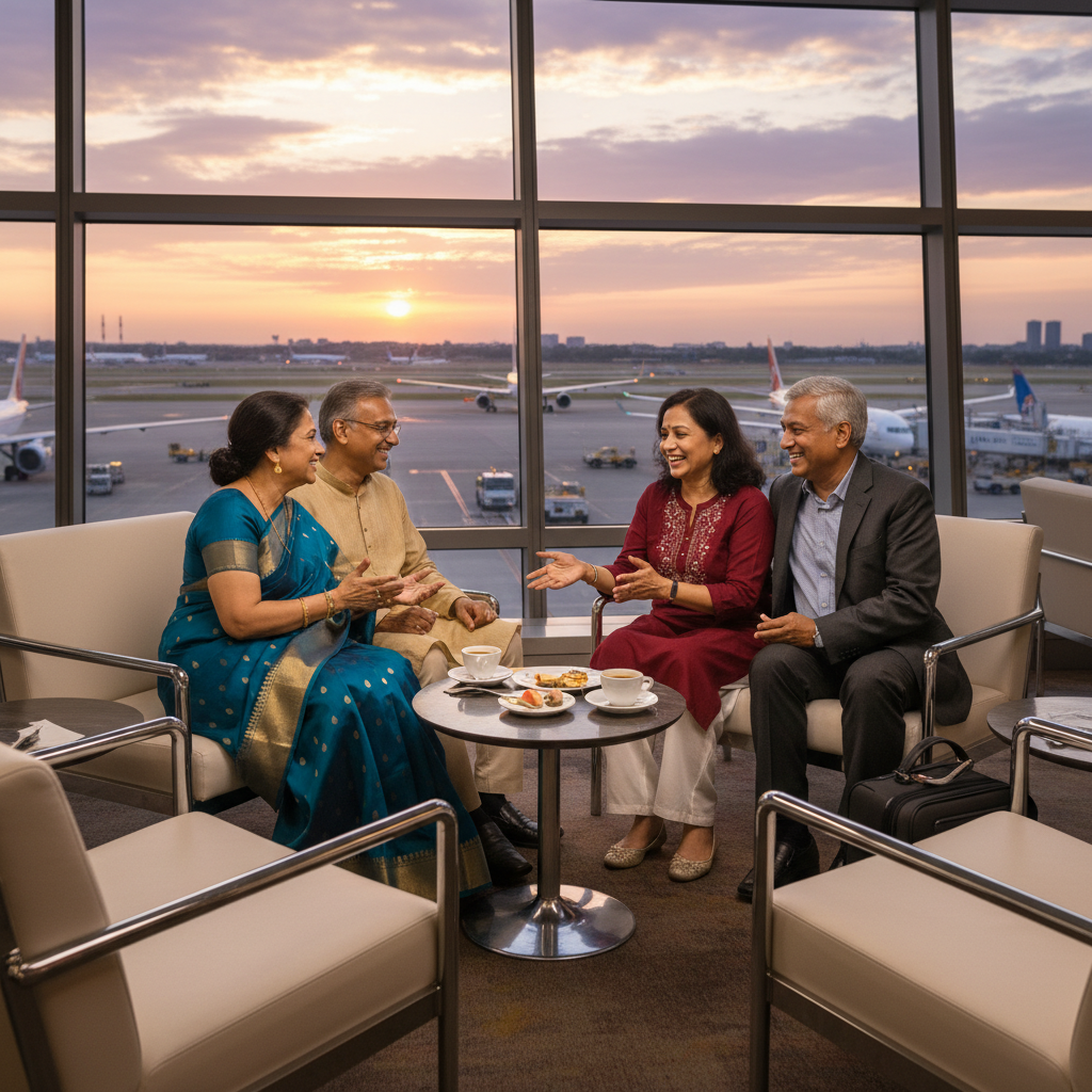Elderly Indian couples enjoying company at airport lounge